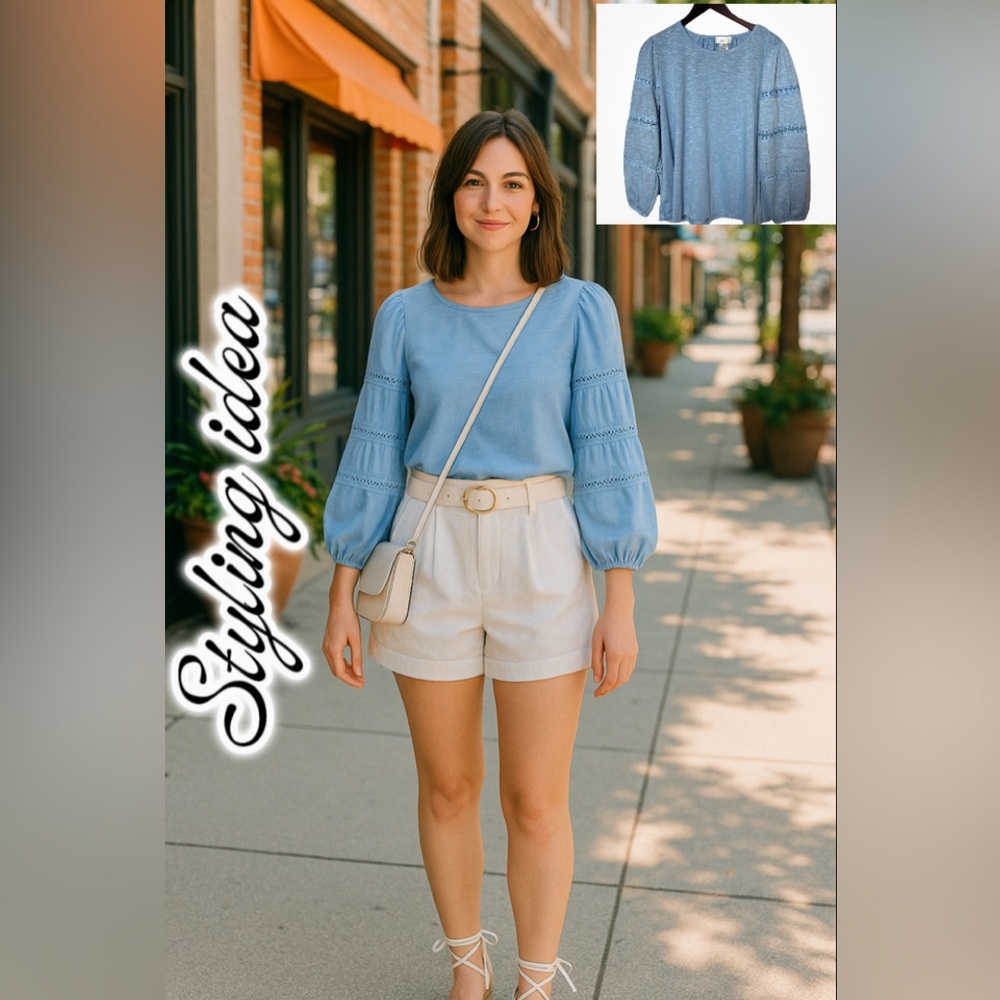 Womens XL Blue Blouse Lace Sleeve Boho Casual Top Shirt Lightweight Summer